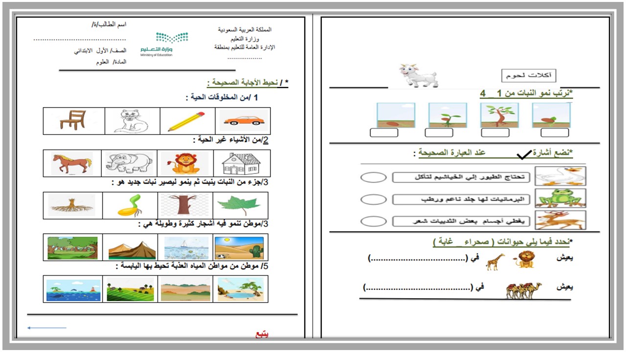 اختبار علوم أول ابتدائي الفصل الأول اختبار علوم أول ابتدائي الفصل الأول