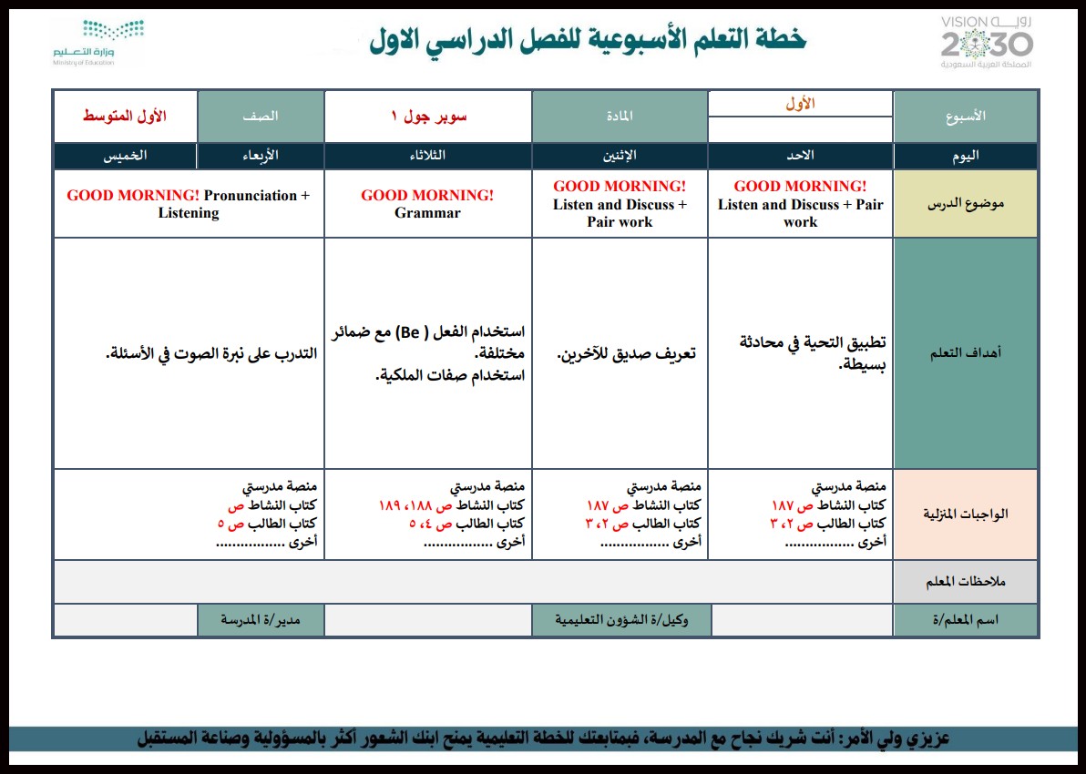 توزيع سوبر جول اول متوسط الفصل الأول توزيع سوبر جول اول متوسط الفصل الأول