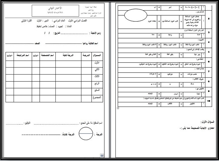 حل أسئلة مادة التجويد صف خامس ابتدائى الفصل الاول حل أسئلة مادة التجويد صف خامس ابتدائى الفصل الاول
