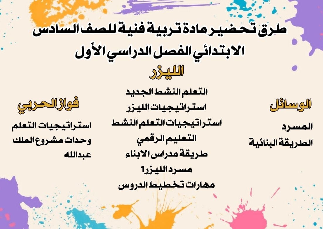 تحضير مادة تربية فنية للصف السادس الابتدائي الفصل الدراسي الأول تحضير مادة تربية فنية للصف السادس الابتدائي الفصل الدراسي الأول