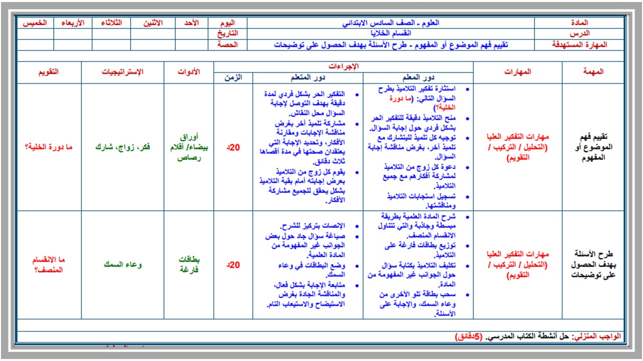 تحضير مادة علوم للصف السادس الابتدائي الفصل الدراسي الأول تحضير مادة علوم للصف السادس الابتدائي الفصل الدراسي الأول