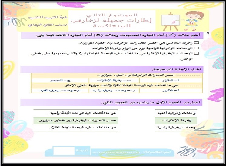 حل اسئلة مادة التربية الفنية للصف الثانى الابتدائي فصل دراسي اول حل اسئلة مادة التربية الفنية للصف الثانى الابتدائي فصل دراسي اول