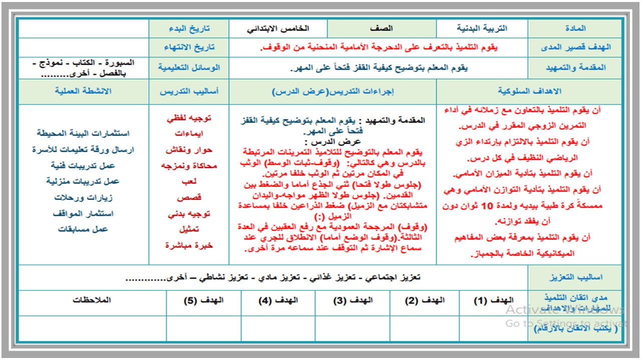 تحضير التربية البدنية التربية الفكرية الصف الخامس الابتدائى فصل دراسي ثاني تحضير التربية البدنية التربية الفكرية الصف الخامس الابتدائى فصل دراسي ثاني