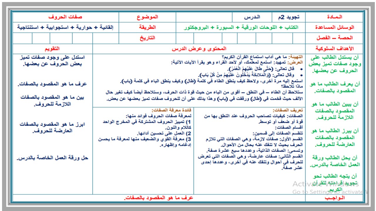 تحضير مادة التجويد الصف الثانى المتوسط الفصل الثاني تحضير مادة التجويد الصف الثانى المتوسط الفصل الثاني