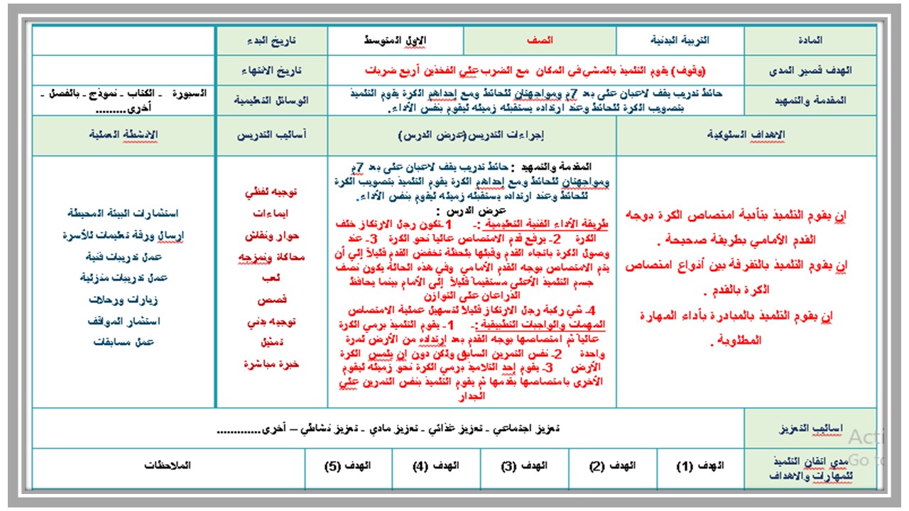 تحضير مادة التربية البدنية للتربية الفكرية صف اول متوسط الفصل الثاني تحضير مادة التربية البدنية للتربية الفكرية صف اول متوسط الفصل الثاني