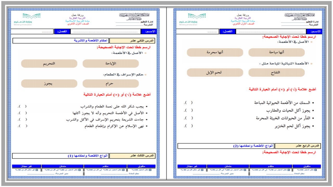 ورق عمل مادة التربية الإسلامية الصف الأول ثانوي التربية الفكرية الفصل الثاني ورق عمل مادة التربية الإسلامية الصف الأول ثانوي التربية الفكرية الفصل الثاني