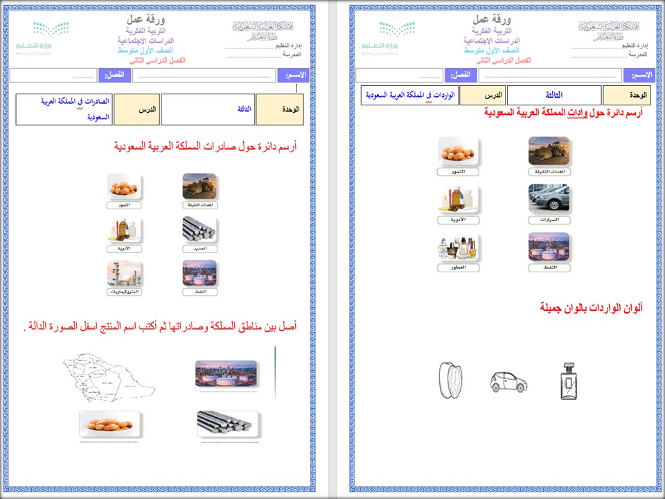 ورق عمل مادة التربية الاجتماعية للتربية الفكرية صف اول متوسط الفصل الثاني ورق عمل مادة التربية الاجتماعية للتربية الفكرية صف اول متوسط الفصل الثاني
