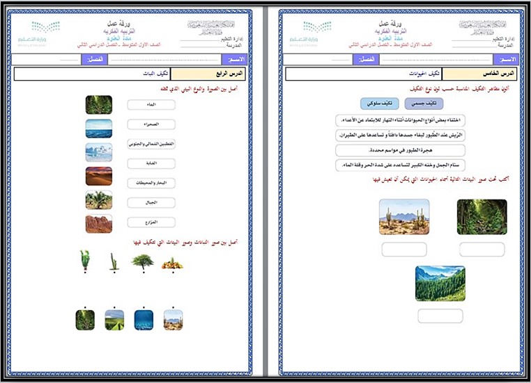 ورق عمل مادة العلوم للتربية الفكرية صف اول متوسط الفصل الثاني ورق عمل مادة العلوم للتربية الفكرية صف اول متوسط الفصل الثاني