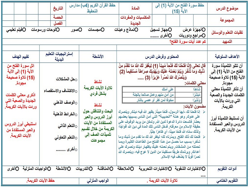 تحضير مادة القرآن تحفيظ الصف الرابع الإبتدائى الفصل الدراسى الأول تحضير مادة القرآن تحفيظ الصف الرابع الإبتدائى الفصل الدراسى الأول