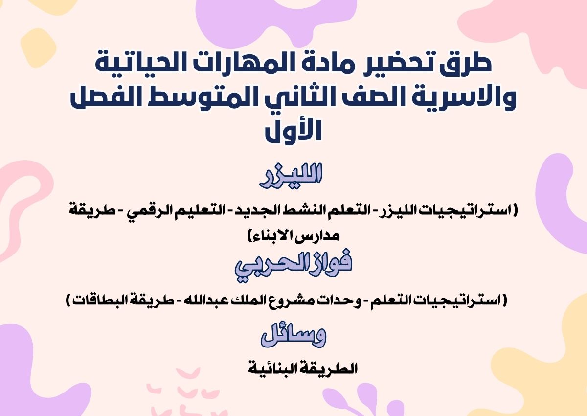 ملخص مادة المهارات الحياتية والاسرية الصف الثاني المتوسط الفصل الأول ملخص مادة المهارات الحياتية والاسرية الصف الثاني المتوسط الفصل الأول