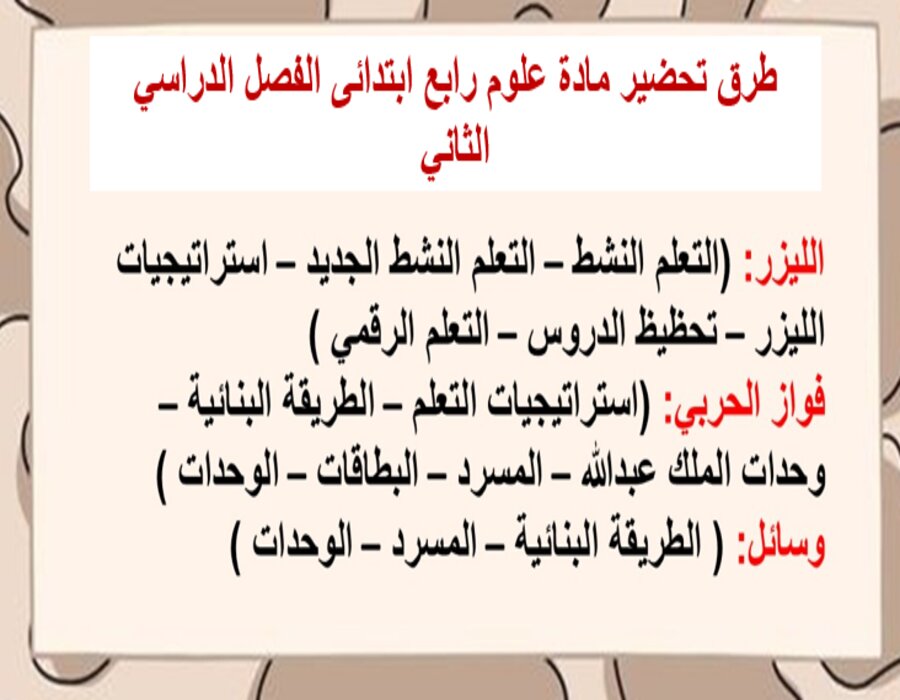 تحضير مدرستي مادة علوم رابع ابتدائى الفصل الدراسي الثاني تحضير مدرستي مادة علوم رابع ابتدائى الفصل الدراسي الثاني