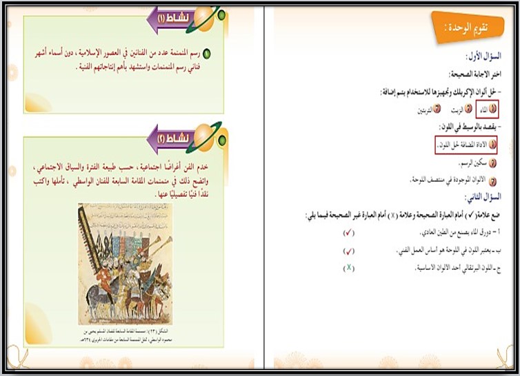حل اسئلة مادة التربية الفنية الصف الاول المتوسط فصل دراسي اول حل اسئلة مادة التربية الفنية الصف الاول المتوسط فصل دراسي اول