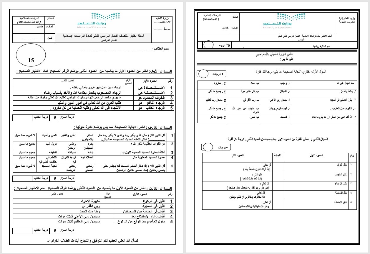 حل أسئلة الدراسات الاسلامية الصف الخامس الابتدائي الفصل الدراسي الثاني حل أسئلة الدراسات الاسلامية الصف الخامس الابتدائي الفصل الدراسي الثاني