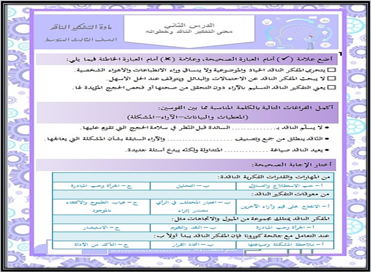 ورق عمل لمادة التفكير الناقد الصف الثالث المتوسط للفصل الدراسي الأول ورق عمل لمادة التفكير الناقد الصف الثالث المتوسط للفصل الدراسي الأول