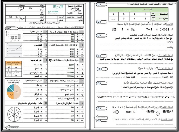 اوراق عمل رياضيات رابع ابتدائي الفصل الاول اوراق عمل رياضيات رابع ابتدائي الفصل الاول