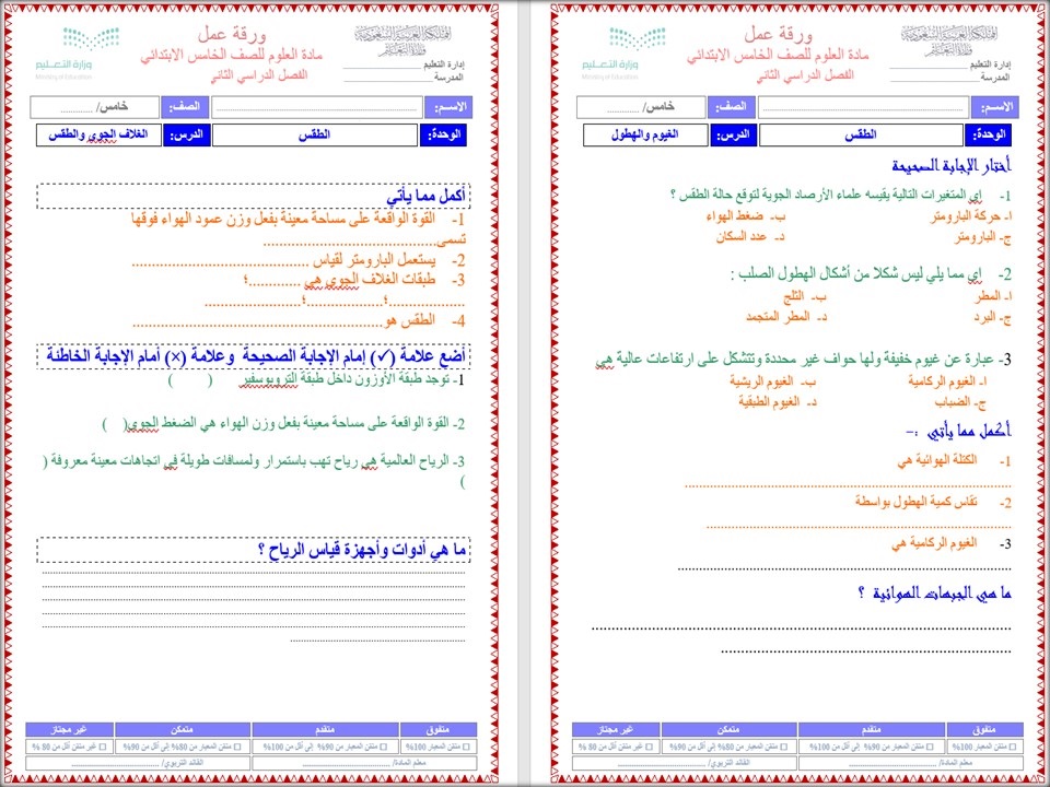 تحضير مادة العلوم للصف الخامس الابتدائي الفصل الدراسي الثاني تحضير مادة العلوم للصف الخامس الابتدائي الفصل الدراسي الثاني