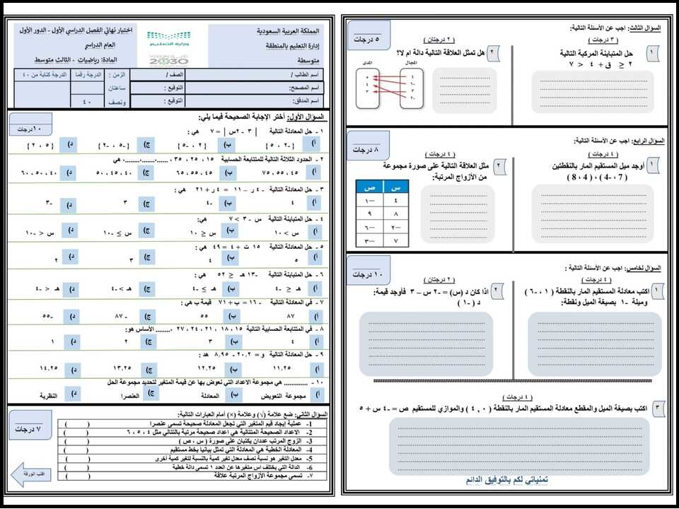 اختبار رياضيات ثالث متوسط الفصل الاول اختبار رياضيات ثالث متوسط الفصل الاول