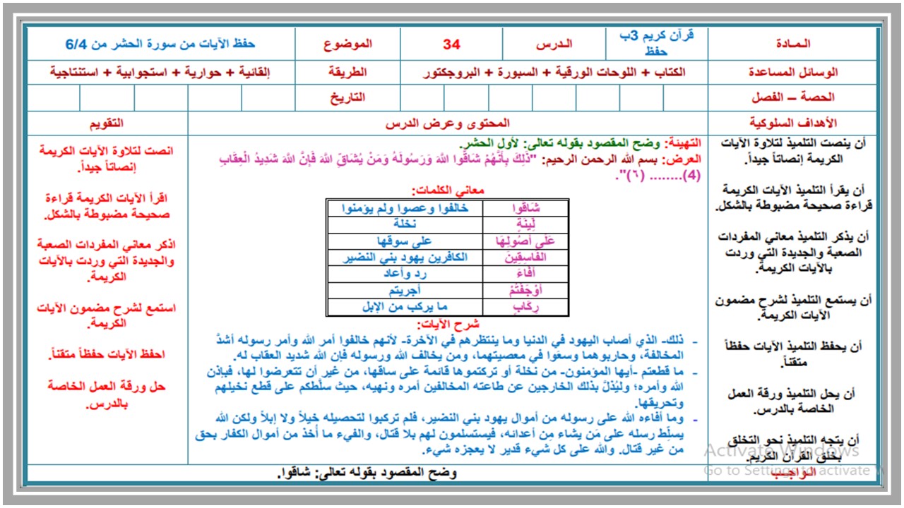 تحضير القرآن الكريم تحفيظ الصف الثالث الابتدائي الفصل الثانى تحضير القرآن الكريم تحفيظ الصف الثالث الابتدائي الفصل الثانى