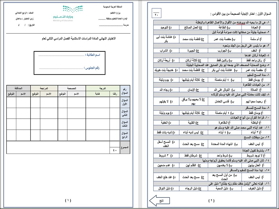 ملخص الدراسات الإسلامية الصف الرابع الابتدائي الفصل الدراسي الثاني ملخص الدراسات الإسلامية الصف الرابع الابتدائي الفصل الدراسي الثاني