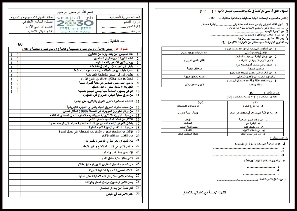اختبار مادة المهارات الحياتية صف سادس فصل أول اختبار مادة المهارات الحياتية صف سادس فصل أول
