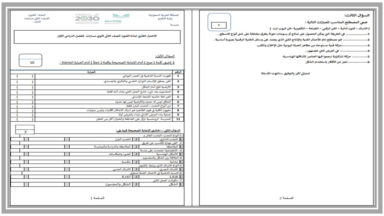 أوراق عمل مادة الفنون ثاني ثانوي مسارات الفصل الدراسي الأول أوراق عمل مادة الفنون ثاني ثانوي مسارات الفصل الدراسي الأول