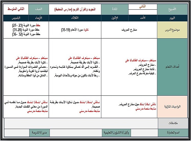 تحضير القرآن الكريم حفظ ثاني متوسط فصل أول تحضير القرآن الكريم حفظ ثاني متوسط فصل أول