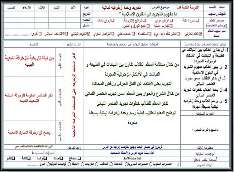 تحضير مادة التربية الفنية صف خامس ابتدائي الفصل الاول تحضير مادة التربية الفنية صف خامس ابتدائي الفصل الاول