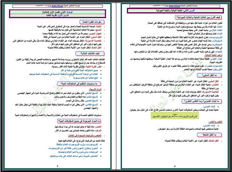 ملخص للصف السادس الابتدائي ماده العلوم الفصل الأول ملخص للصف السادس الابتدائي ماده العلوم الفصل الأول
