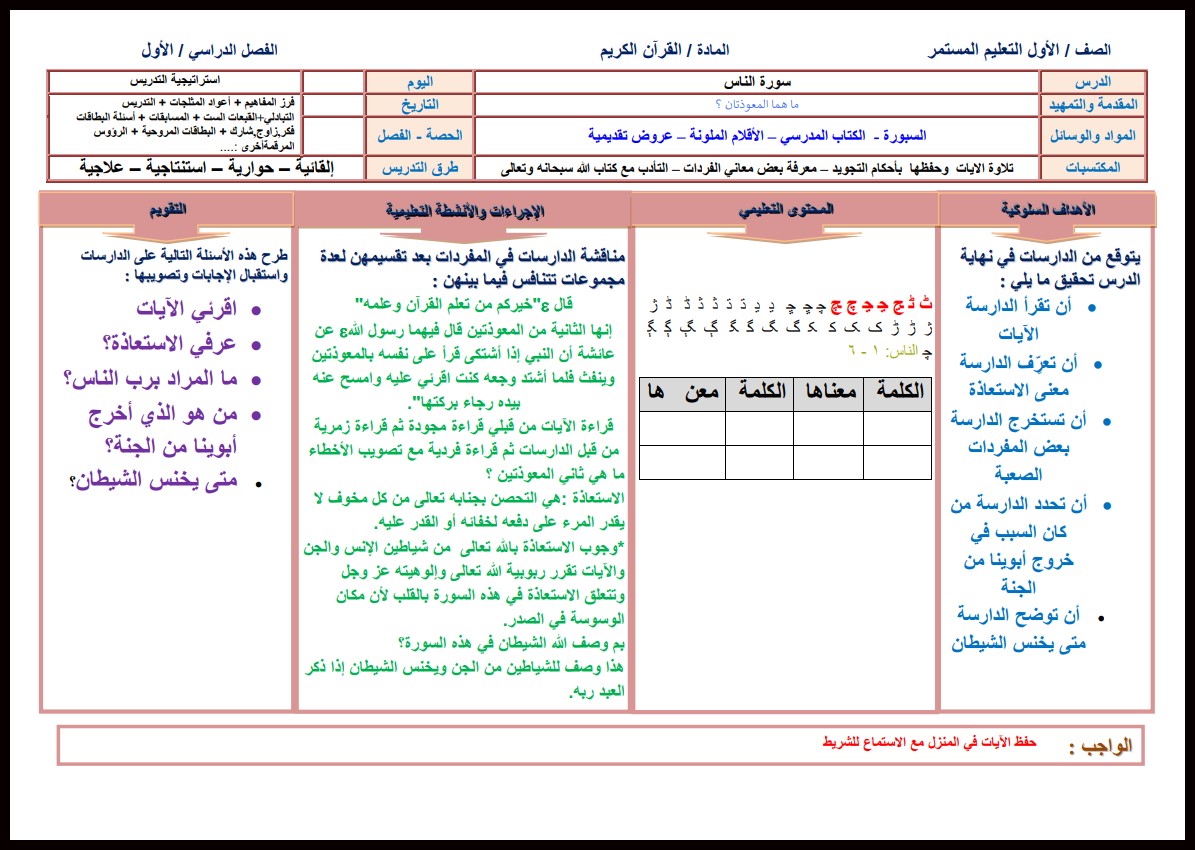 ورق عمل قرآن اول تعليم مستمر الفصل الدراسي الأول ورق عمل قرآن اول تعليم مستمر الفصل الدراسي الأول