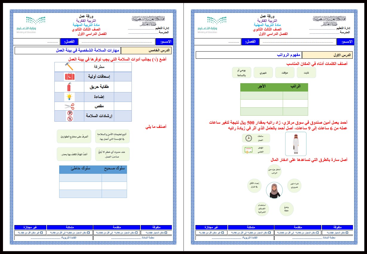ورق عمل التربية المهنية ثالث ثانوي فكرية فصل أول ورق عمل التربية المهنية ثالث ثانوي فكرية فصل أول