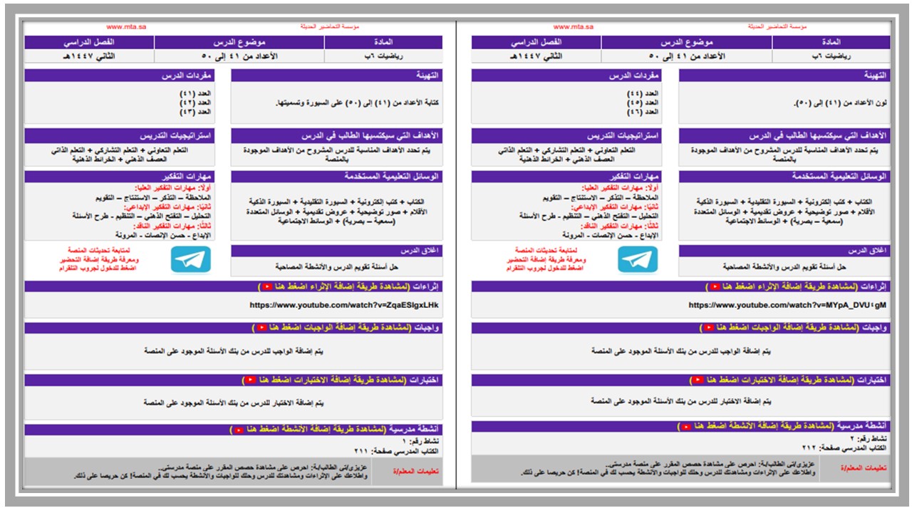 تحضير منصة مدرستي رياضيات سادس ابتدائي تربية فكرية الفصل الثاني تحضير منصة مدرستي رياضيات سادس ابتدائي تربية فكرية الفصل الثاني