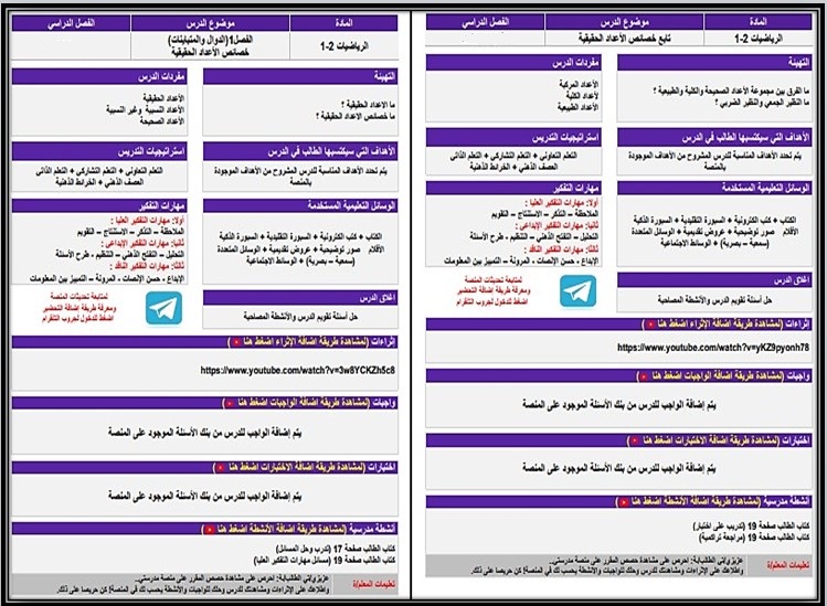التحضير الإلكتروني لمادة الرياضيات 1-2 التحضير الإلكتروني لمادة الرياضيات 1-2