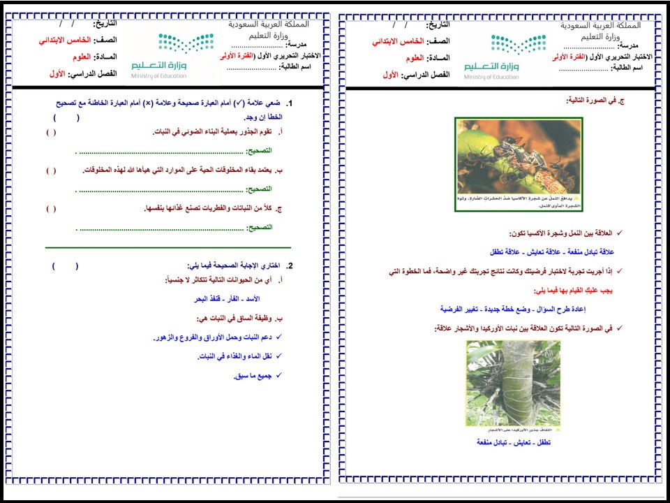 اختبارات علوم الصف الخامس الابتدائي الفصل الأول اختبارات علوم الصف الخامس الابتدائي الفصل الأول