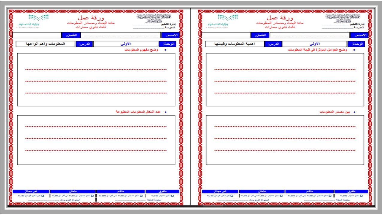أوراق عمل مادة البحث ومصادر المعلومات مسارات أوراق عمل مادة البحث ومصادر المعلومات مسارات