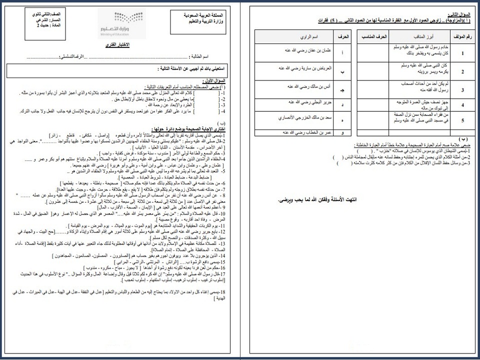 أوراق عمل الحديث 2 مسارات الفصل الأول أوراق عمل الحديث 2 مسارات الفصل الأول