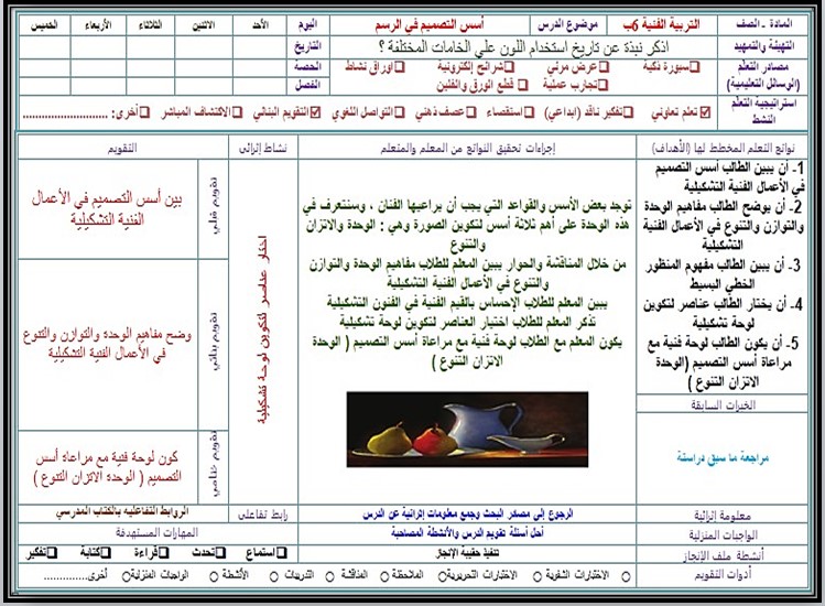 خطة التعليم الأسبوعية تربية فنية خطة التعليم الأسبوعية تربية فنية