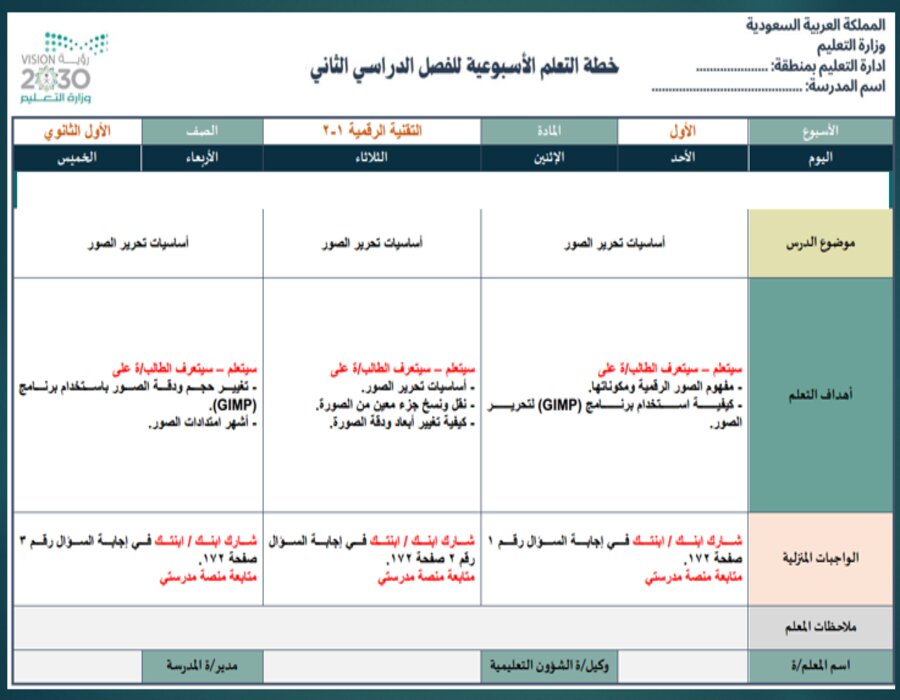 خطة التعلم الأسبوعية التقنية الرقمية 1 أول ثانوي مسارات الترم الثاني خطة التعلم الأسبوعية التقنية الرقمية 1 أول ثانوي مسارات الترم الثاني