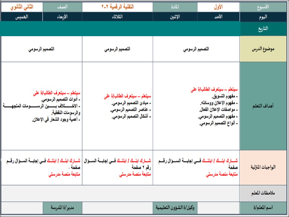 خطة التعلم الأسبوعية التقنية الرقمية 2 ثاني ثانوي مسارات الترم الثاني خطة التعلم الأسبوعية التقنية الرقمية 2 ثاني ثانوي مسارات الترم الثاني