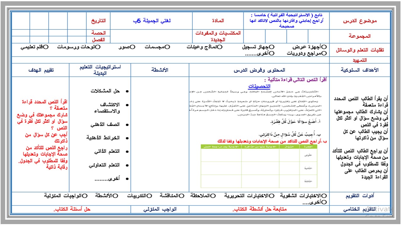 خطة التعلم الأسبوعية اللغة العربية صف خامس ابتدائي الترم الثاني خطة التعلم الأسبوعية اللغة العربية صف خامس ابتدائي الترم الثاني