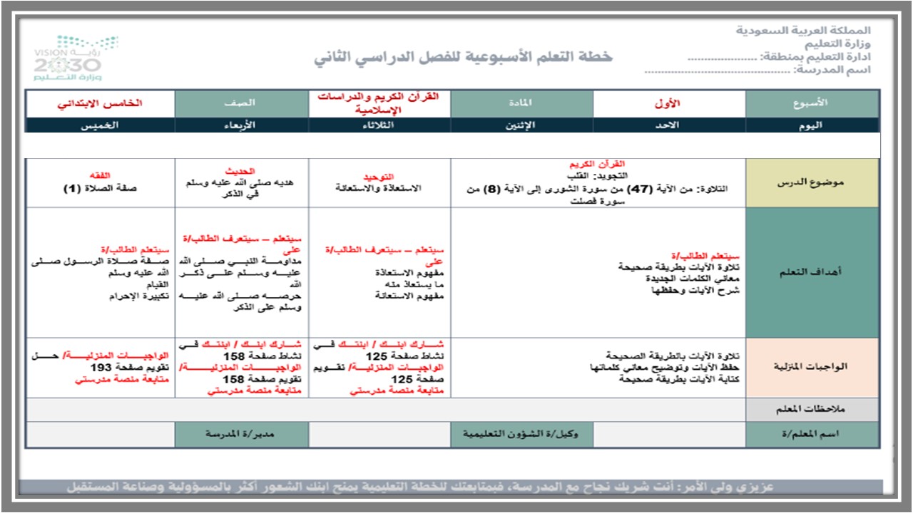 خطة التعلم الأسبوعية مادة القرآن الكريم والدراسات الإسلامية خامس ابتدائي الترم الثاني خطة التعلم الأسبوعية مادة القرآن الكريم والدراسات الإسلامية خامس ابتدائي الترم الثاني