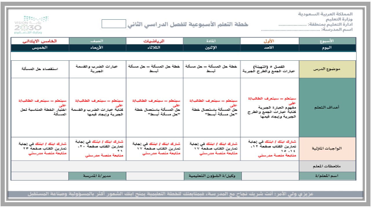 خطة التعليم الأسبوعية رياضيات خامس ابتدائي الترم الثاني خطة التعليم الأسبوعية رياضيات خامس ابتدائي الترم الثاني