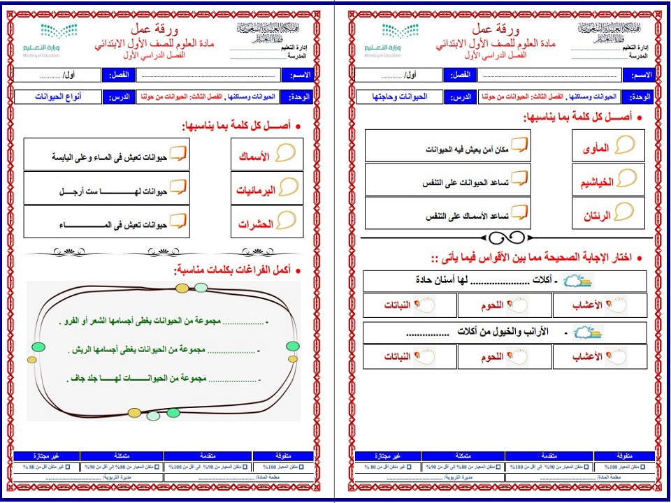 الفهم القرائي علوم اول ابتدائي الفهم القرائي علوم اول ابتدائي