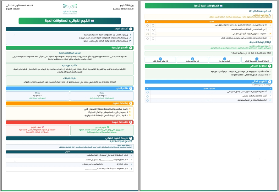 الفهم القرائي علوم اول ابتدائي الفهم القرائي علوم اول ابتدائي