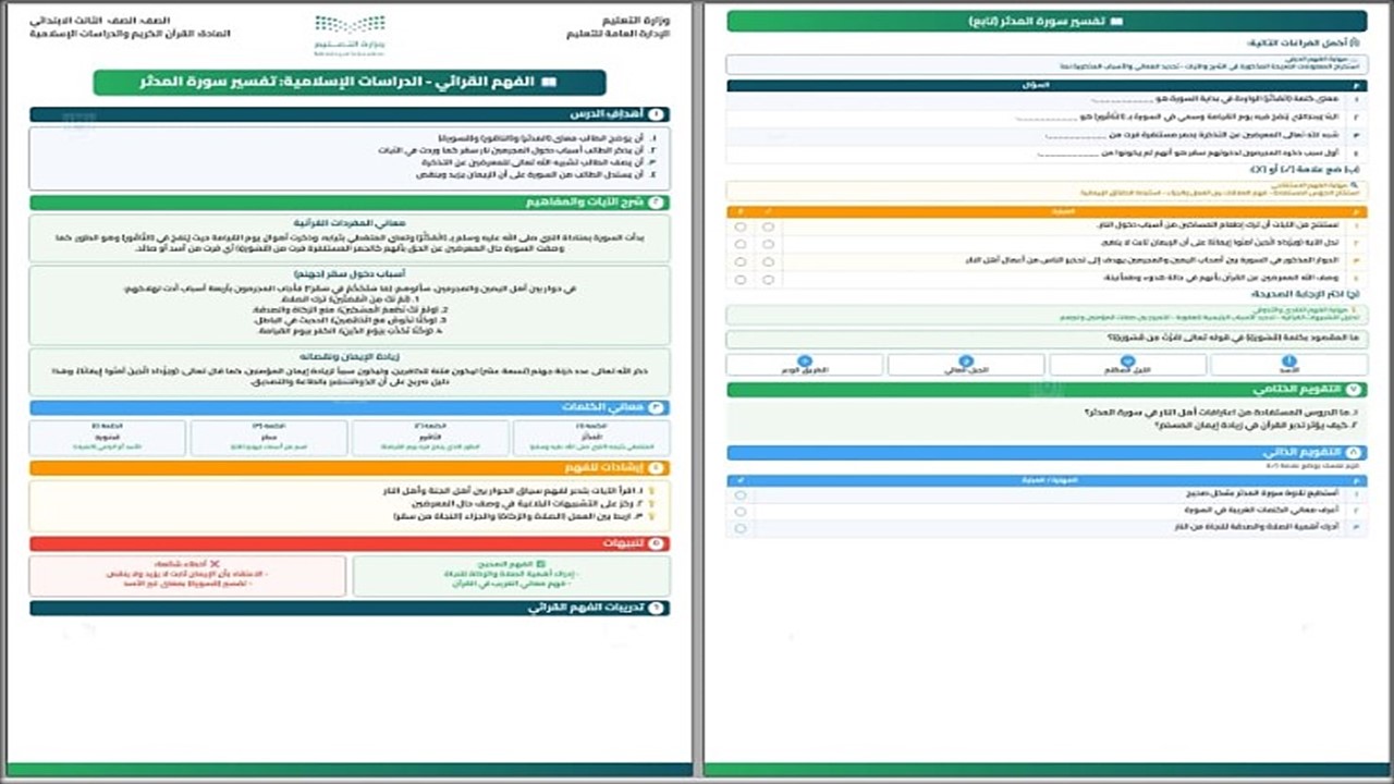 الفهم القرائي قرآن ثالث ابتدائي الفهم القرائي قرآن ثالث ابتدائي