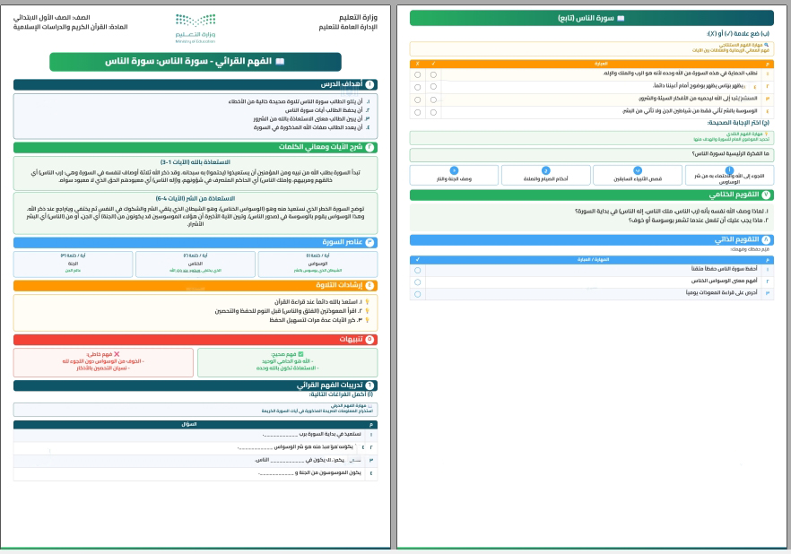 الفهم القرائي قرآن حفظ اول ابتدائي الفهم القرائي قرآن حفظ اول ابتدائي
