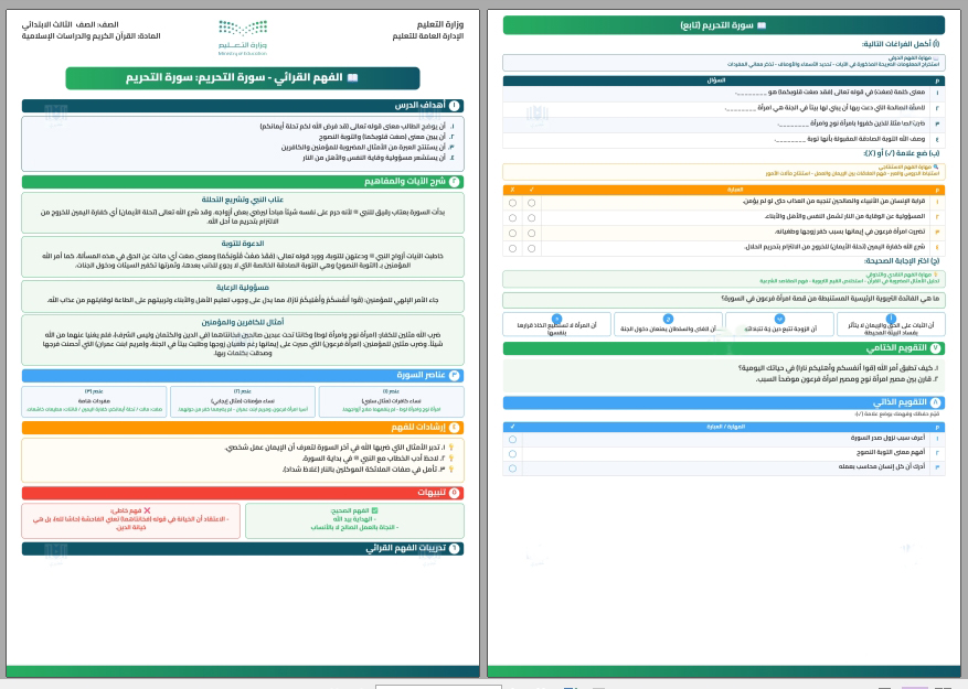 الفهم القرائي قرآن حفظ ثالث ابتدائي الفهم القرائي قرآن حفظ ثالث ابتدائي