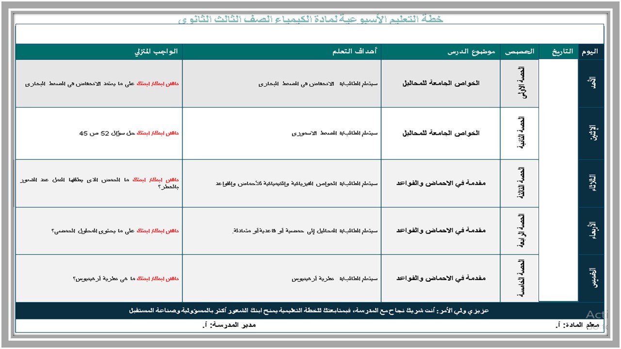 اختبار كيمياء ثالث ثانوي مسارات الفصل الأول