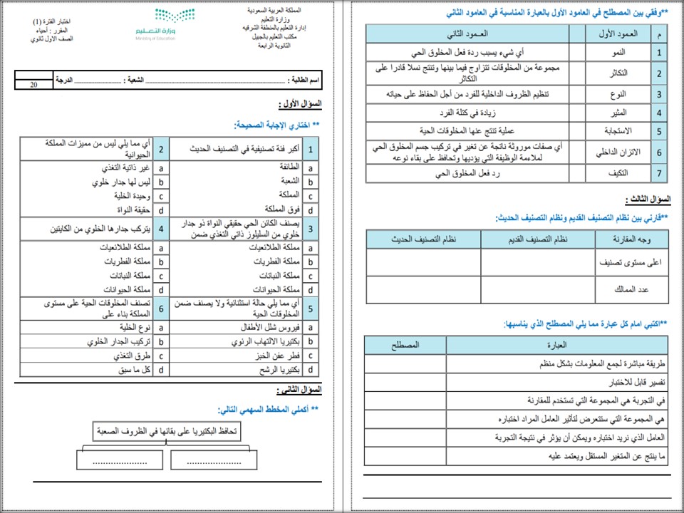 نماذج اختبار احياء اول ثانوى الفصل الأول