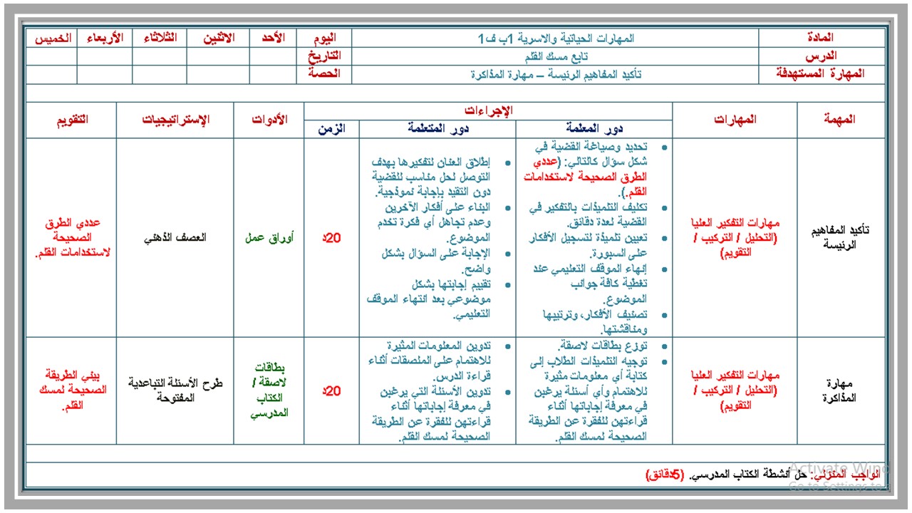 توزيع التربية الأسرية الصف الأول الإبتدائي الفصل الدراسى الأول 