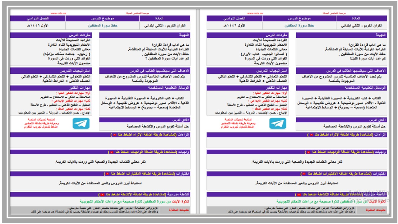 توزيع تحفيظ قرآن الصف الثانى الإبتدائى الفصل الدراسى الأول 